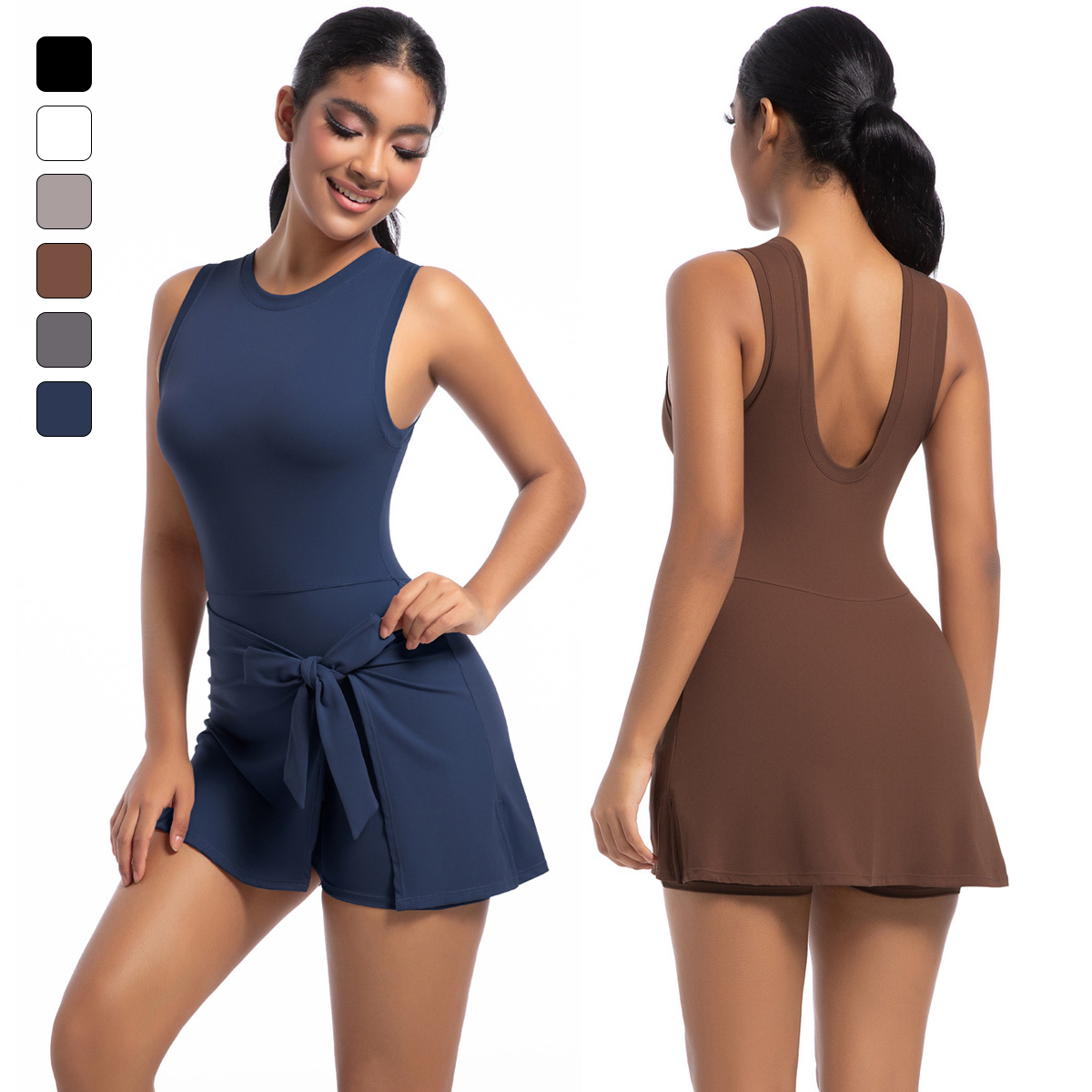 JJ-6672 New Arrival Women's Sportswear One Piece U Back Gym Tennis Dress High Stretchy Breathable Golf Skirt With Shorts