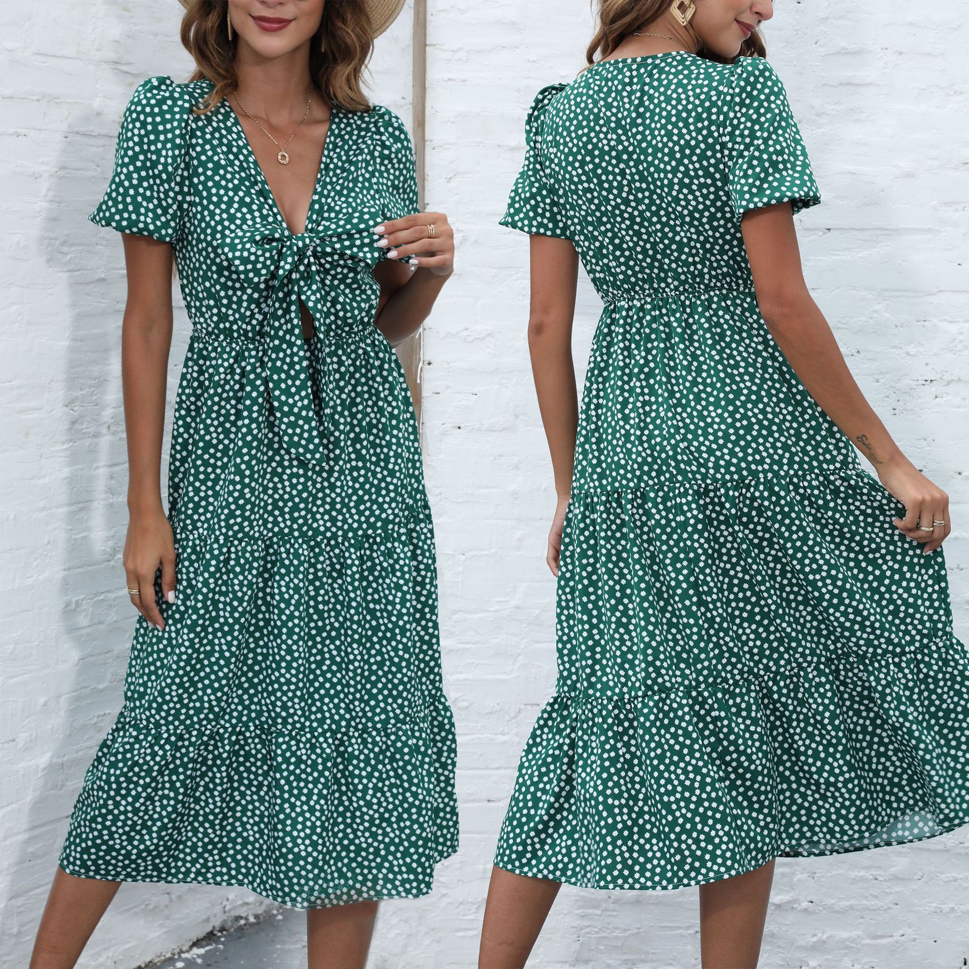 Spring and Summer New Womens V-neck Short Sleeve Dress Polka Dot Casual Mid length Dress