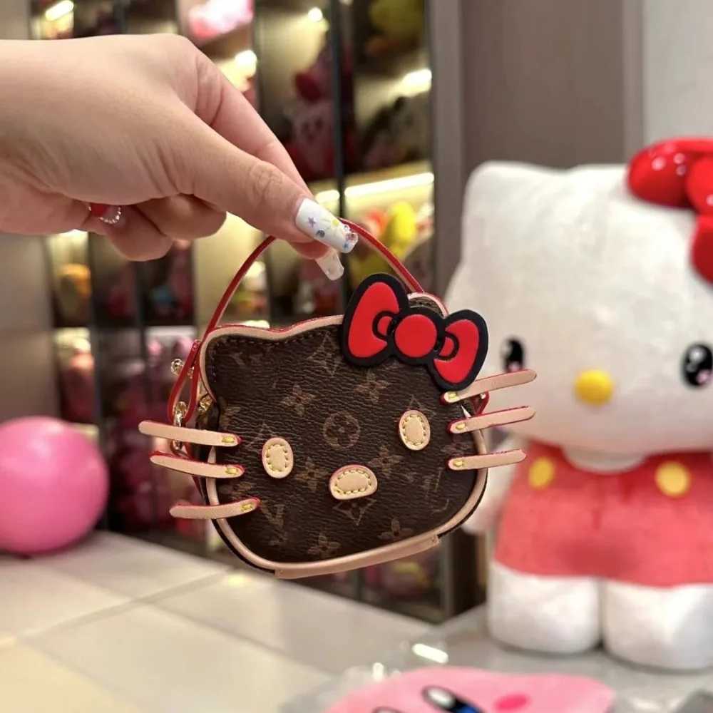 New Hello Kitty Handbag with Cute Bow Embroidery PU Crossbody Bag Cartoon Travel Portable Chain Mini Crossbody Walletw250526