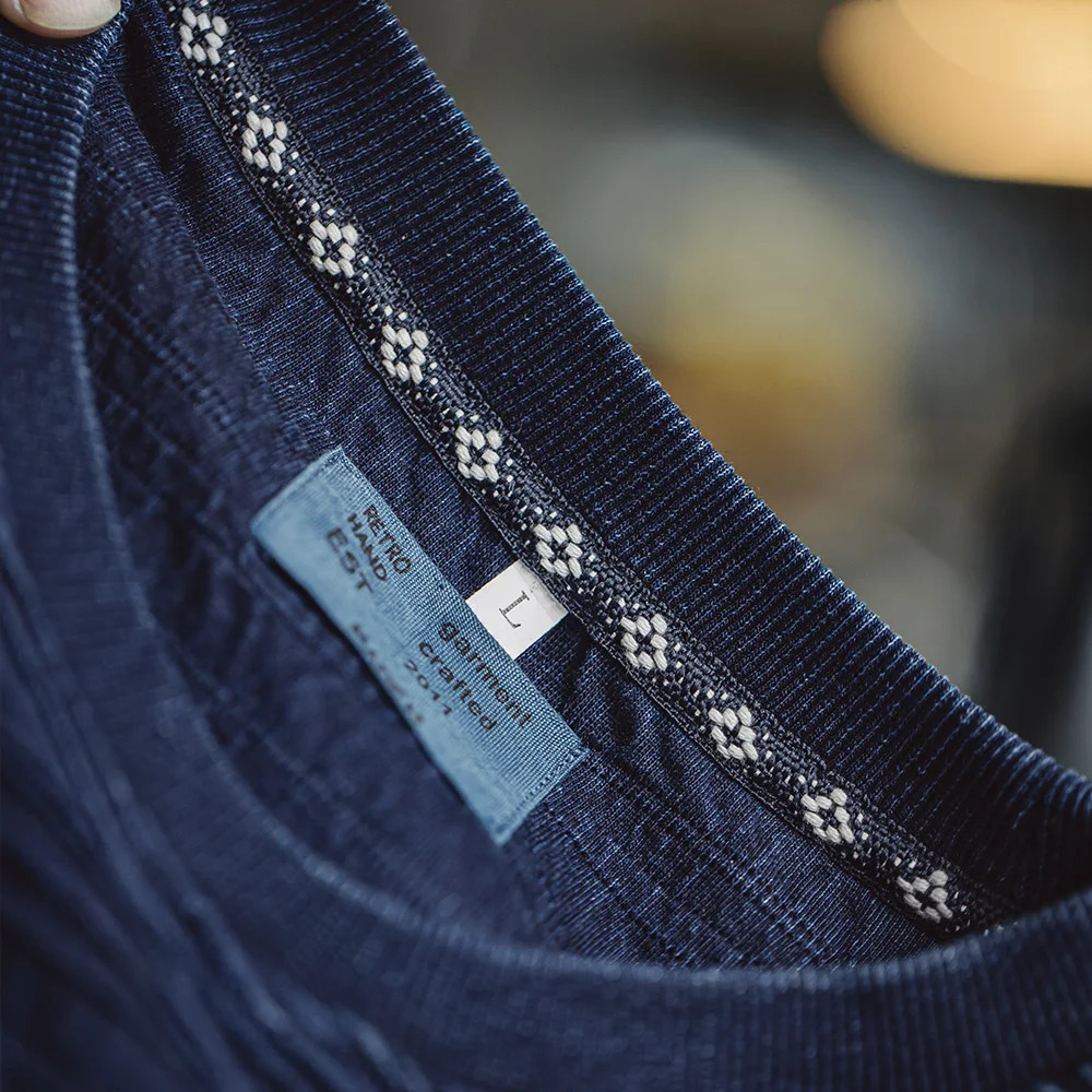 Made Retro Indigo Knitted Jacquard Wave Pattern Textured Tshirt Loose Fit Solid Color Shortsleeved Tee for Mens Summer Tops 250526