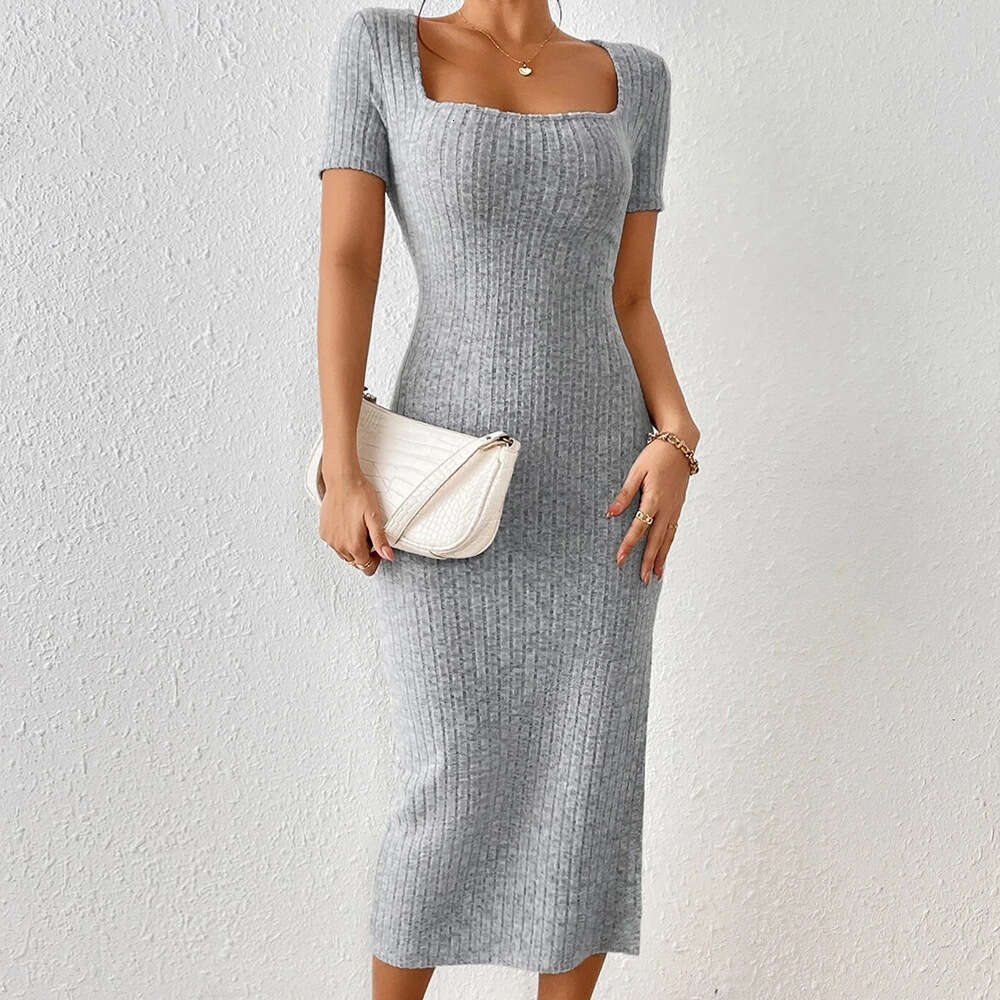 Tight Cut Out Dresses New Slit Slim Fit Bodycon Short Sleeve Square Neck Knitted Dress For Women PG Sexy Dress