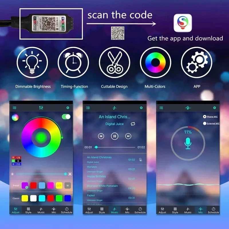 USB RGB LED Strip Kit 1-30M Music Sync WiFi App Control Mode Sound Activated with 44Key Remote DC5V Power for Party PC Decoration W250526