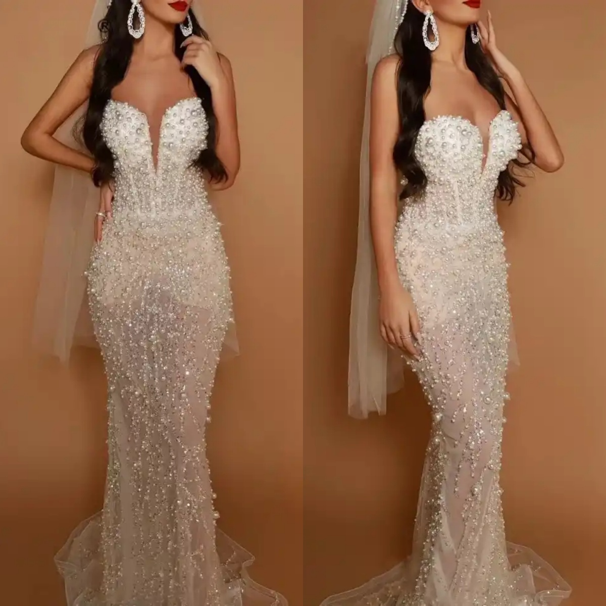 Elegant Mermaid Wedding Dress Sweetheart Neck Sleeveless Bridal Gowns Sequins Pearls Sweep Train Dresses Custom Made vestidos de novia