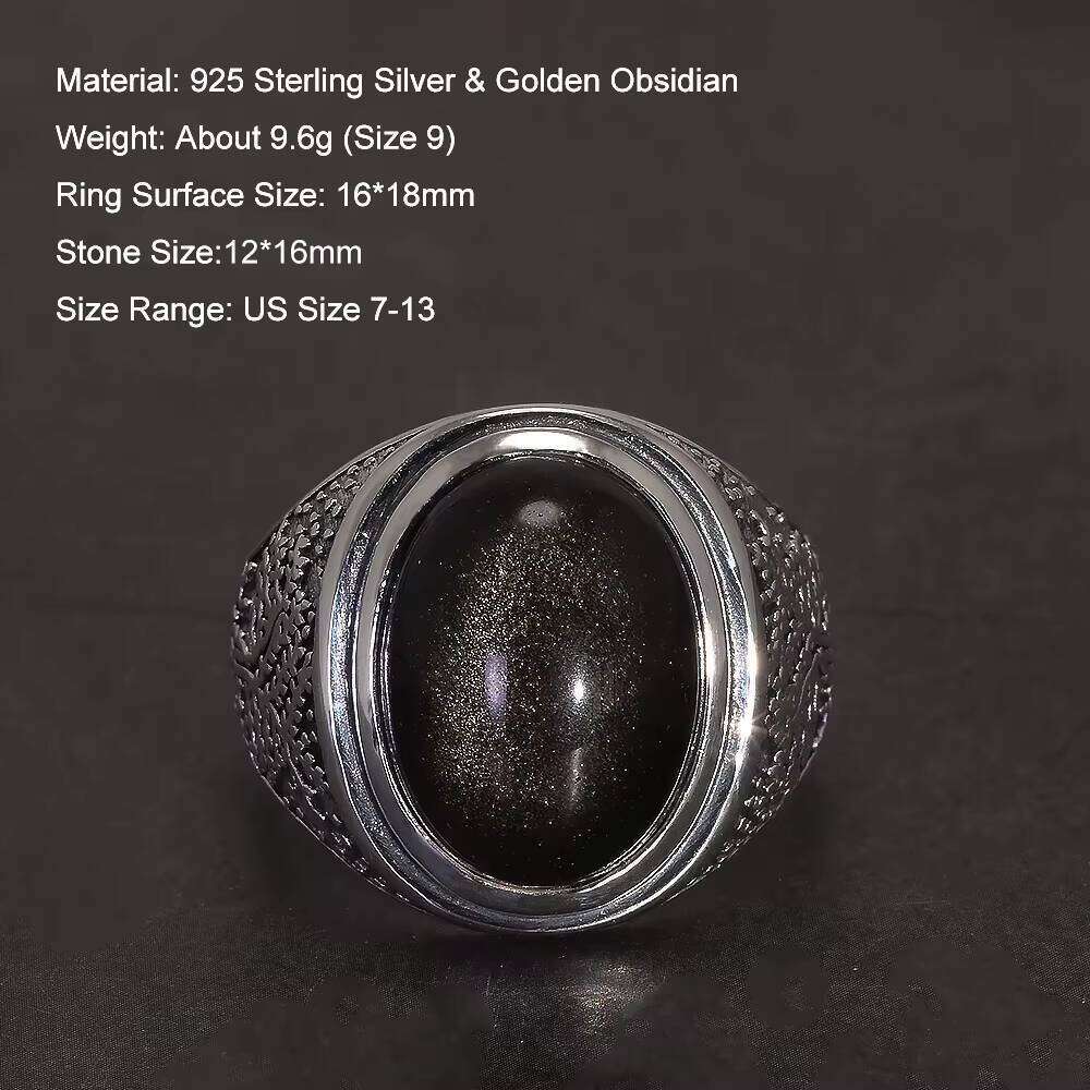 Sterling Sier Natural Golden Obsidian Ring for Men Engraved Tree Authentic Gemstone Turkish Rings Vintage Female Jewelry