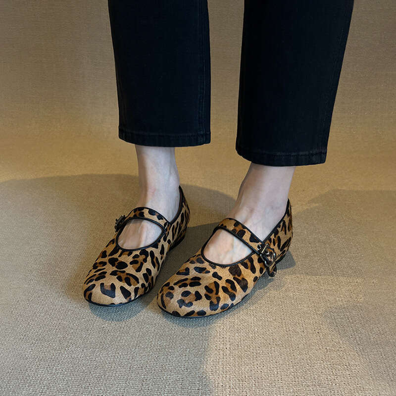 Sheepskin Version ~ 2025 New Niche Leopard Print Horsehair Strap Shallow Mouth Single Women Flat Mary Jane Shoes