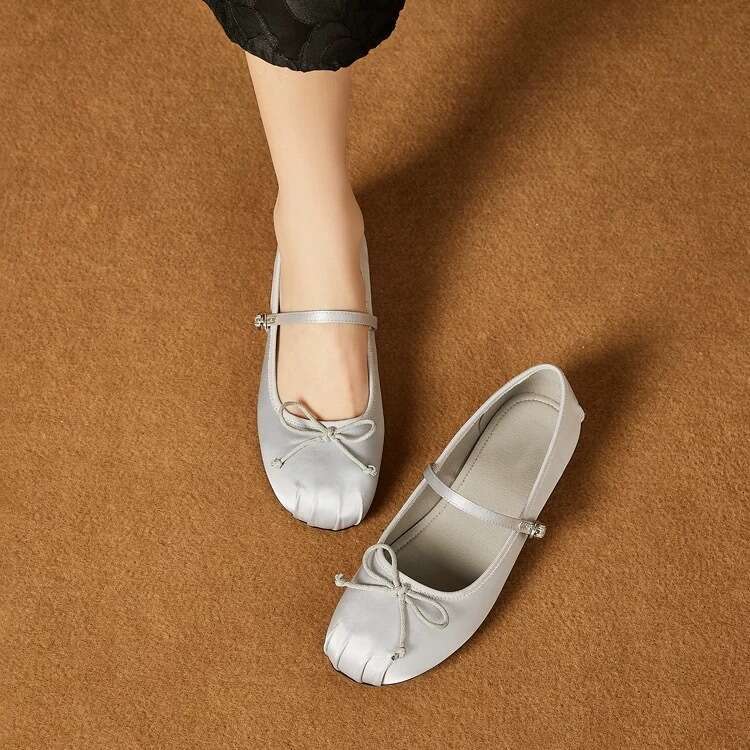 French Mary Jane for Women with Bowknot Fairy Style Slip-On Flat Ballet Genuine Leather Silver Single Shoes