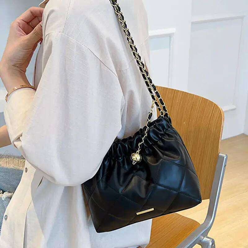 Shoulder For Women Girls PU Leather Pleated Plaid Crossbody Bucket Large Capacity Tote Handbag Fashion Underarm Bag