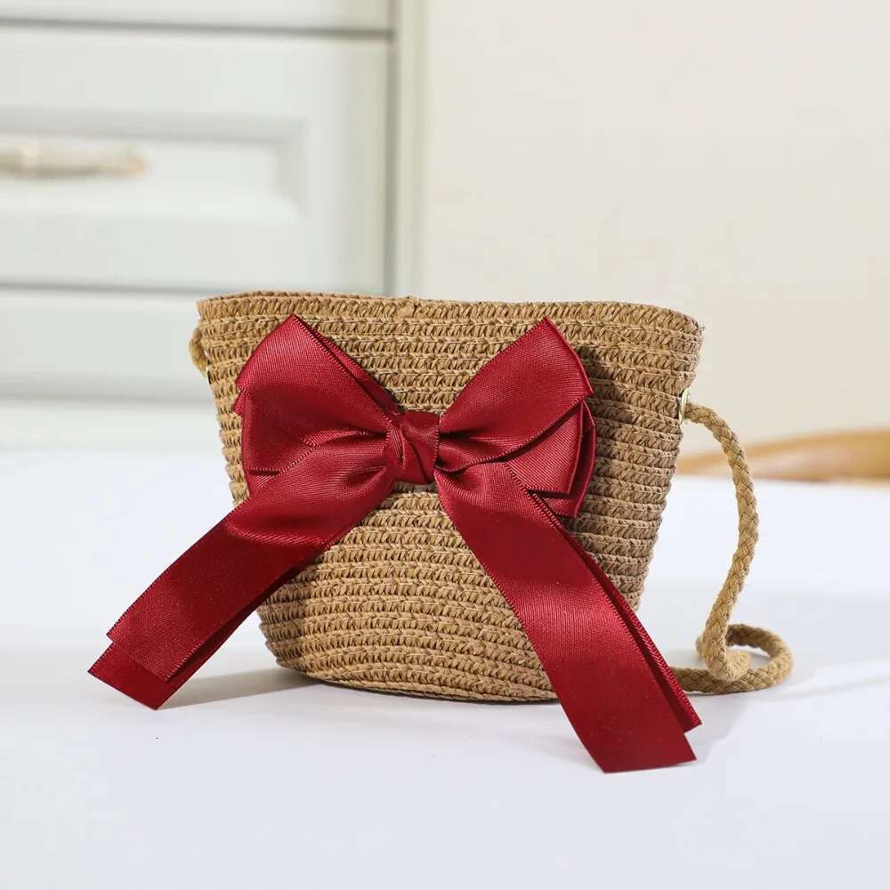 Sweet Kid's Straw Woven Bow Shoulder Outdoor Travel Messenger Beach Bag Mini Children's Coin Purse Handbag
