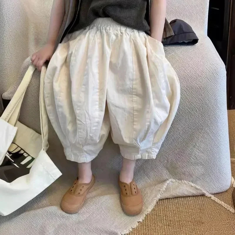 Childrens Pants Korean Summer Girls Solid Color Casual Wide Leg Cropped for Boys Versatile Harlan Pants 250527