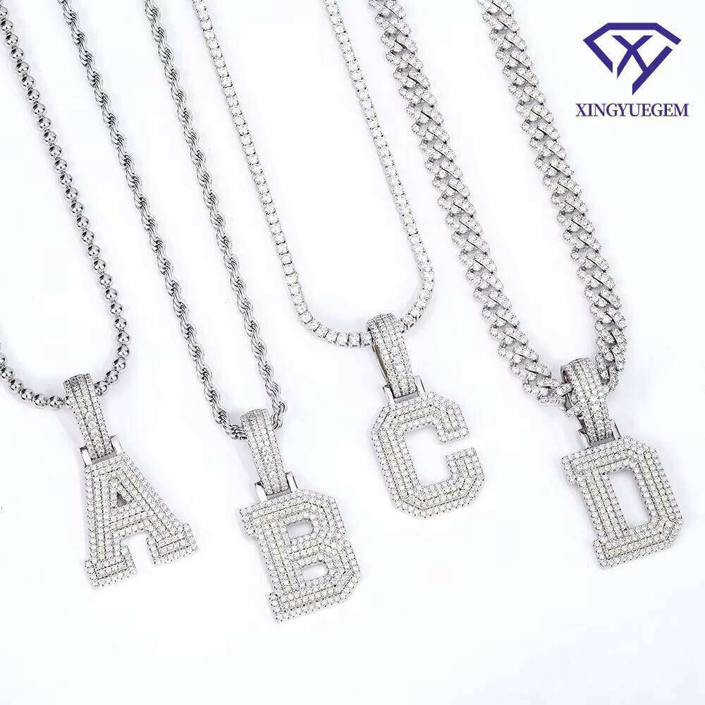 Wholesale Hip Hop Style Jewelry Iced Out Sterling Sier VVS Mossanite Moissanite A-Z Initial Letter Pendant for Men Chain