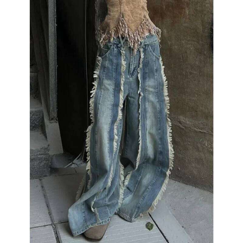 Blue Womens Jeans High Waist Vintage Straight Baggy Pants Y2K Hip Hop Design Sense Streetwear American Wide Leg Denim Trouser