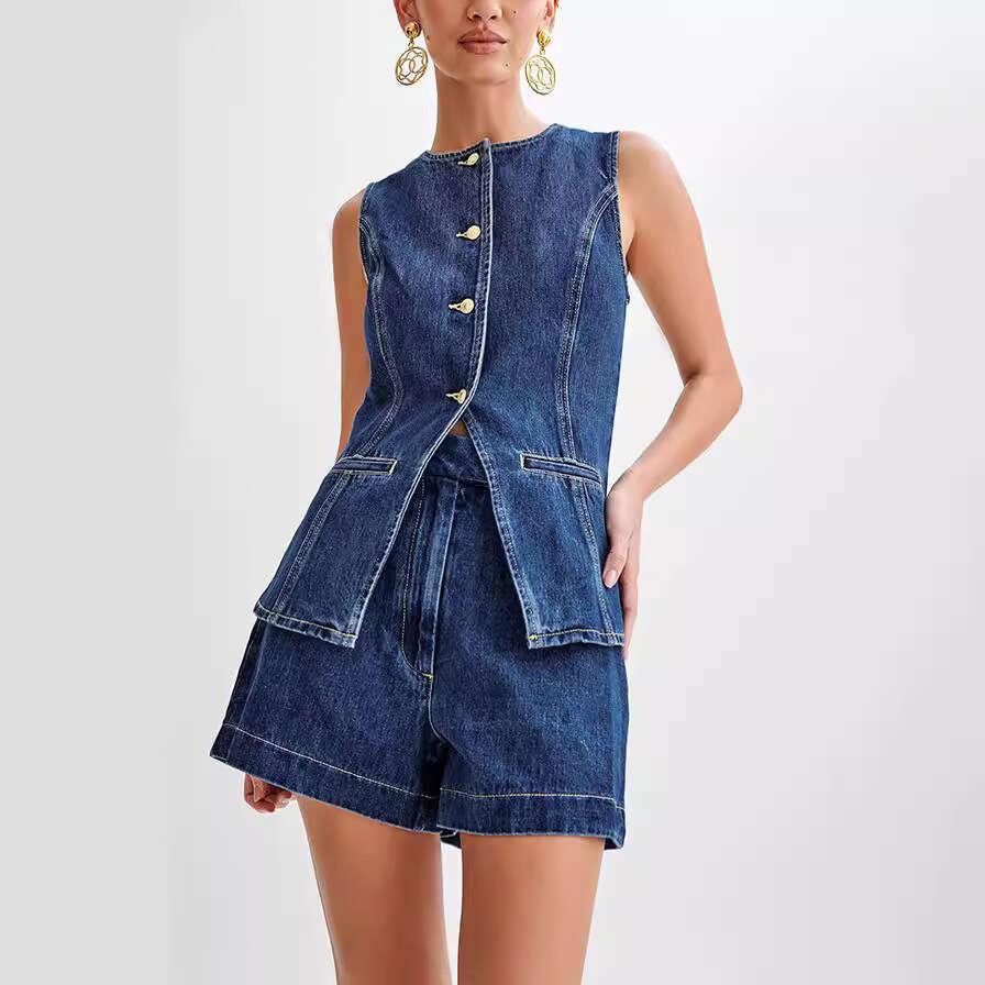 2025 Summer Fashion Casual Sleeveless High-Waisted Women's Set with Denim Shorts