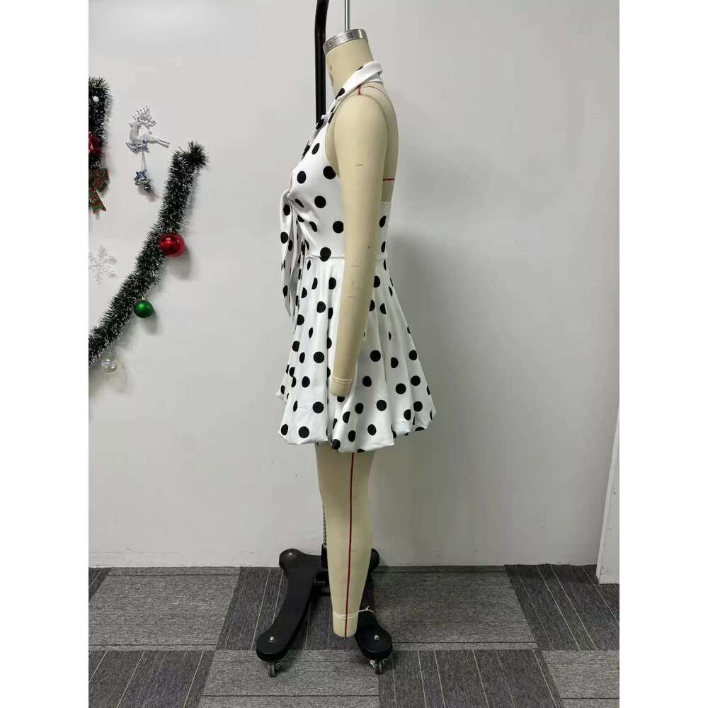 Women Poken Dot Printed Bowknot Deep V-Neck Sleeveless Big Swing Dress 2025 Beach Holiday Party Vestidos Sexy Dresses