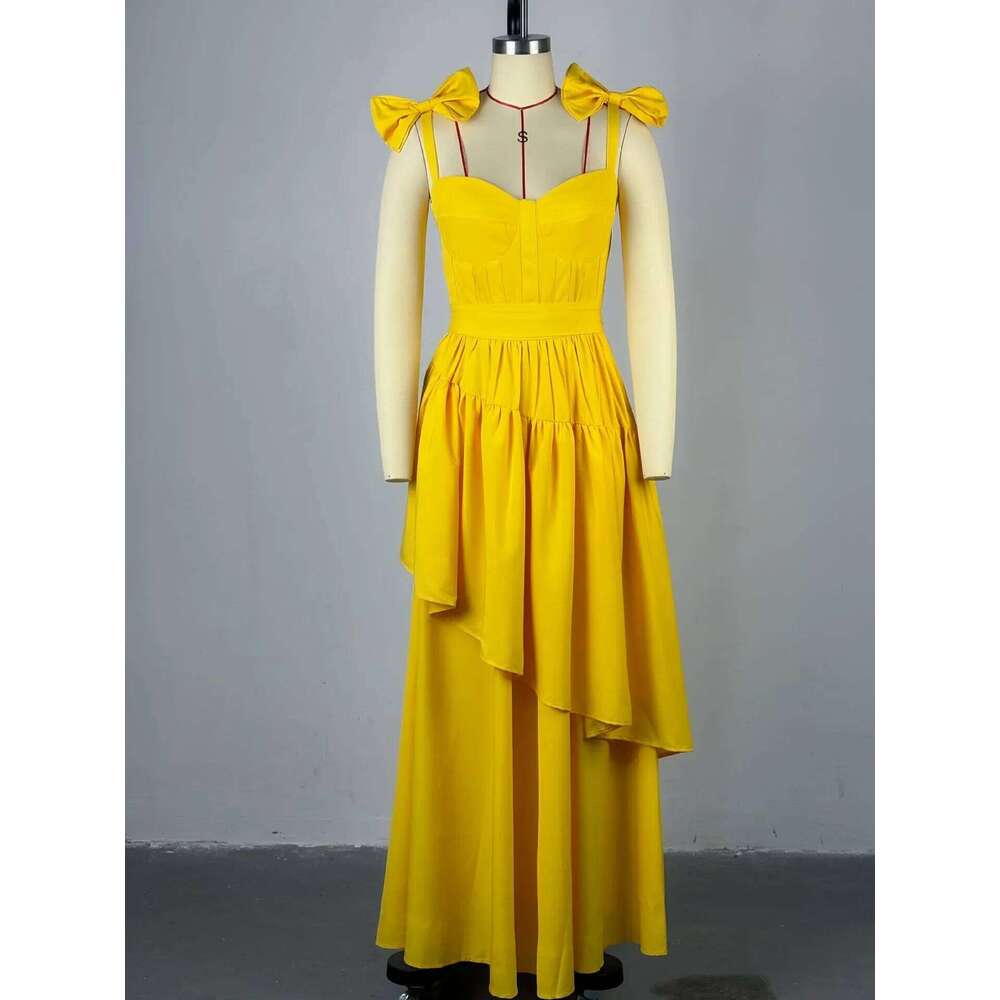 CM.YAYA Women Sleeveless Strap Bow Ruffles Long Maxi Dress 2025 Holiday Beach Birthday Evening Sexy Girl Party Dresses Vestidos