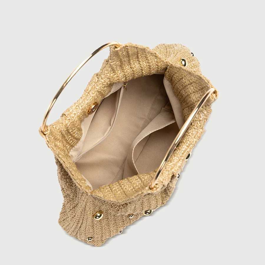 Summer Hand-woven Straw Bag Women Hollowed-Out Metal Round Handle Clutch Purse Bead Decoration Cloud Handbag Travel Beach Totes W250527