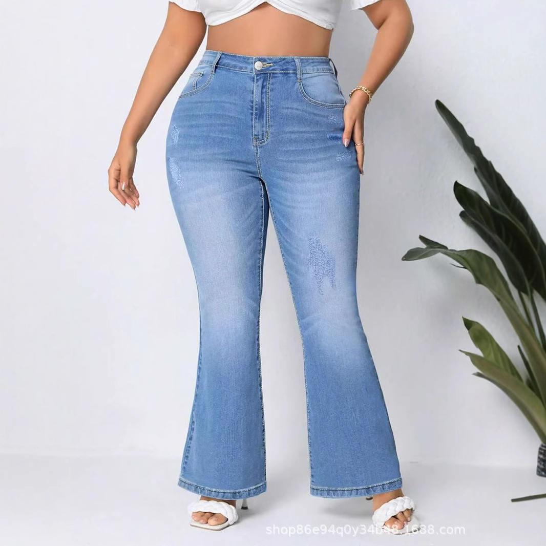 Women's Plus Size Pants New style fashion versatile slightly flared horse hoof shaped high waisted stretch denim trousers spring autumn