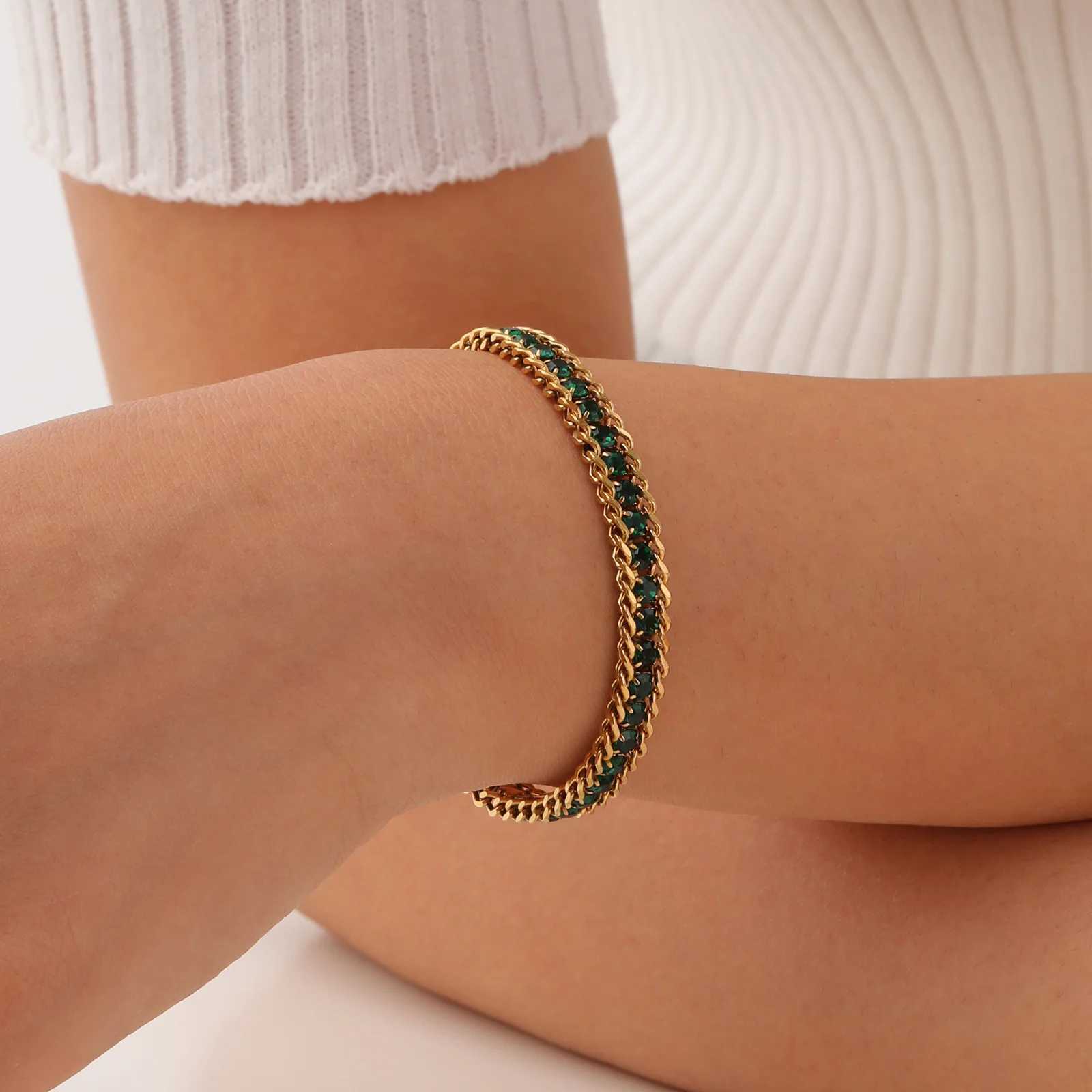 Gold Plated Waterproof Bling Tennis Chain Bracelet for Women Girl stainless steel Cubic Zirconia Chain Bracelet Exquisite Gift W250526