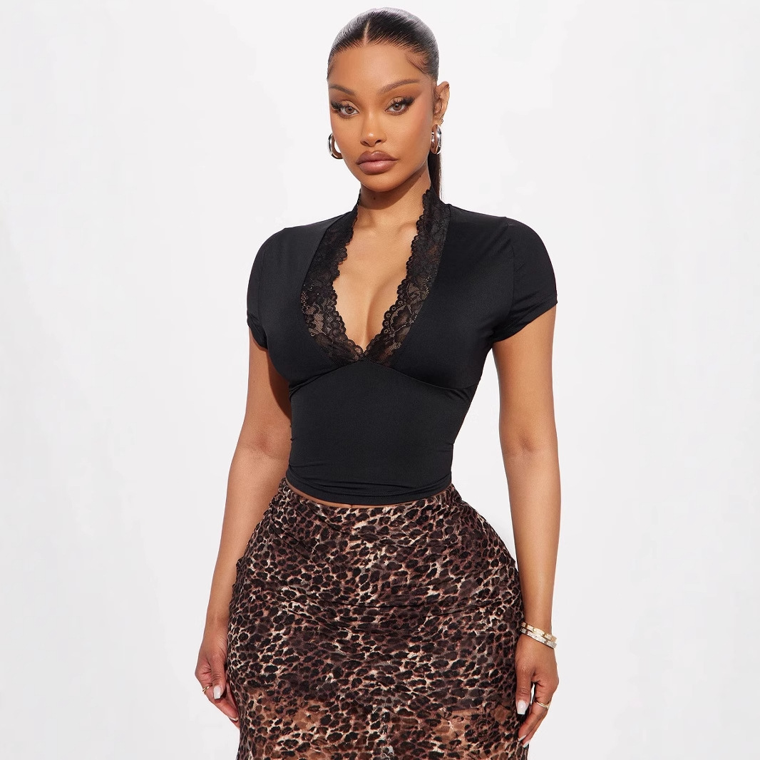 Pure desire spicy girl lace patchwork V-neck short sleeved T-shirt, mature and sexy temperament, waist cinching short top