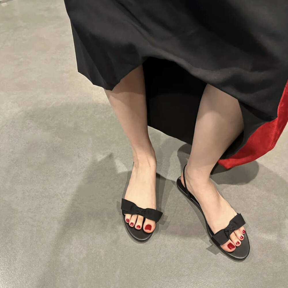 ~ji Simple Bowknot Genuine Leather Flat for Women Summer Outdoor French Style Open Toe Soft Sole Sandals