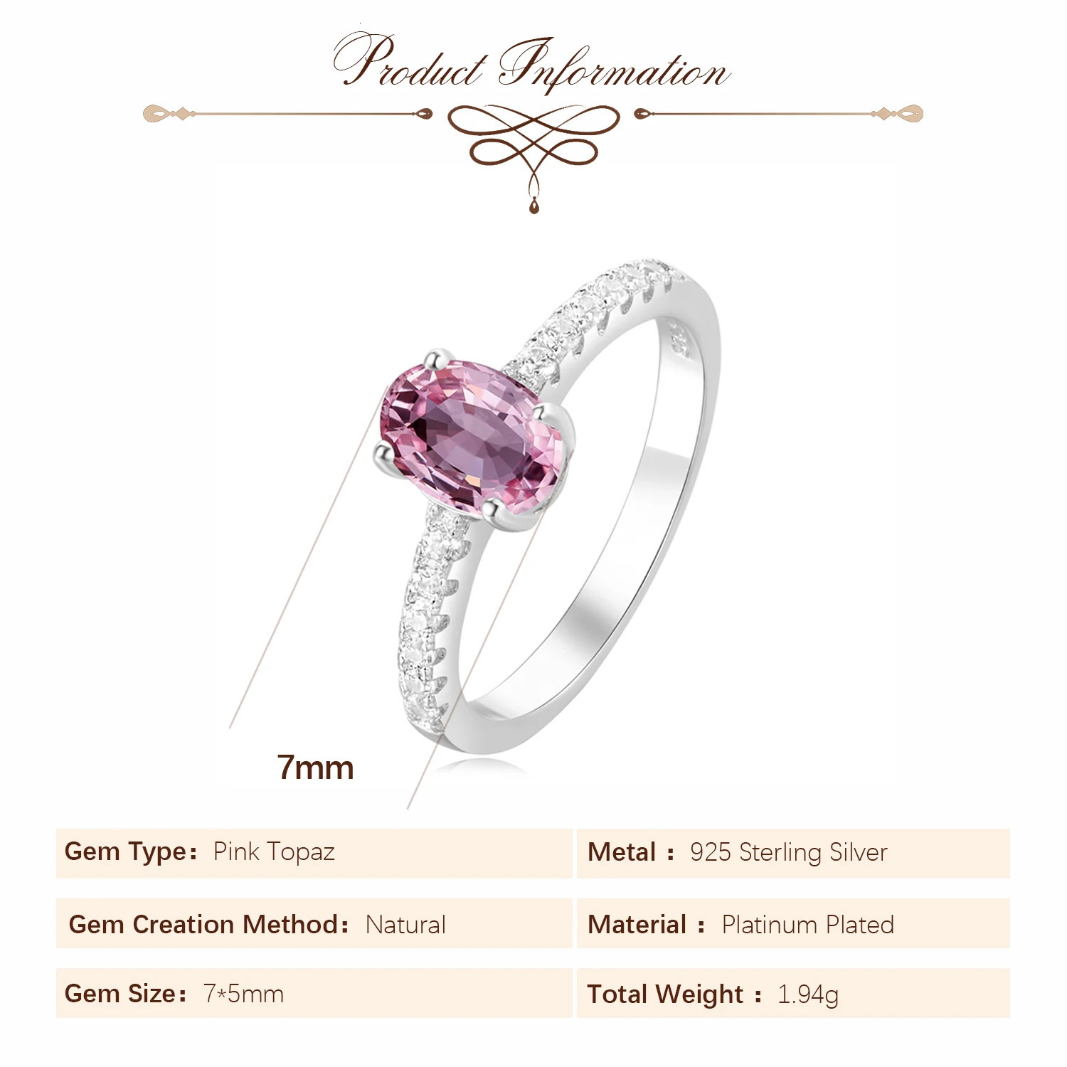 Potiy Genuine Natural Oval Pink Topaz 925 Sterling Silver Solitaire Ring for Woman Fashion Gemstone Fine Jewelry Wedding 250519