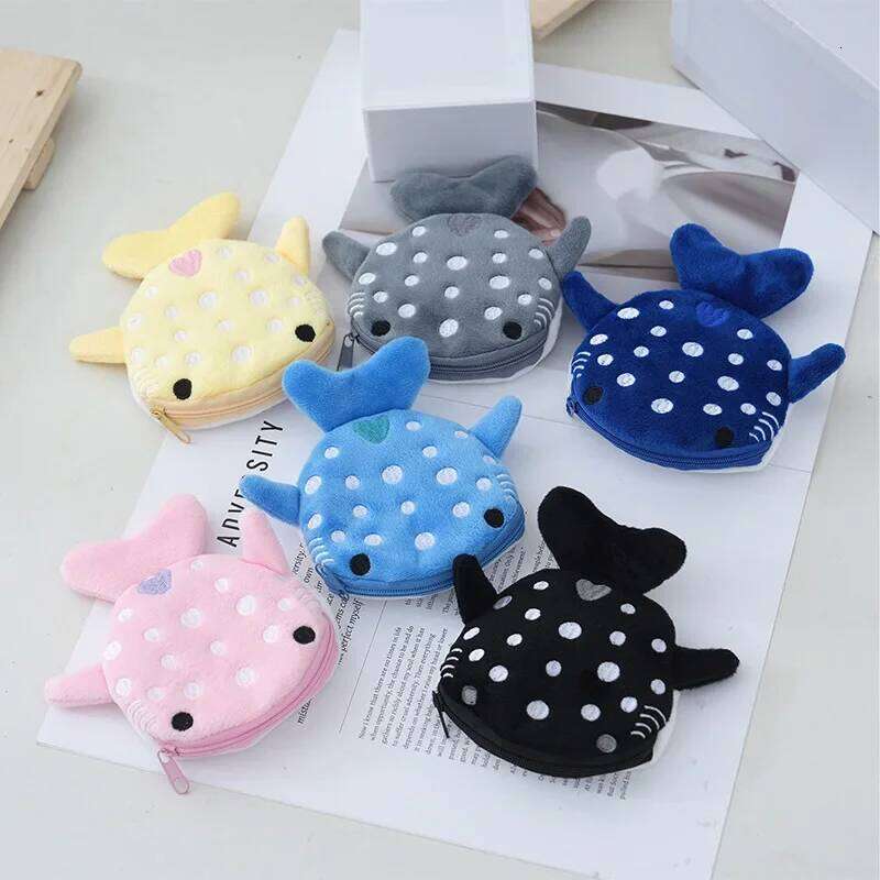 Women Shark Money Card Key Earphone Purse for Small Things Organizer Pouch Zipper Cute Plush Fish Coin Wallet Bags