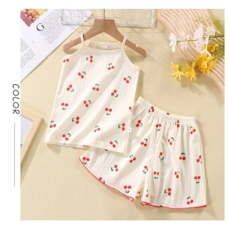 Children Suspender Set Summer Girls Cotton Pajamas Vest Shorts Cartoon Sleeveless Cute Soft Sleepwear Cherry Print 2PCSSet 250527