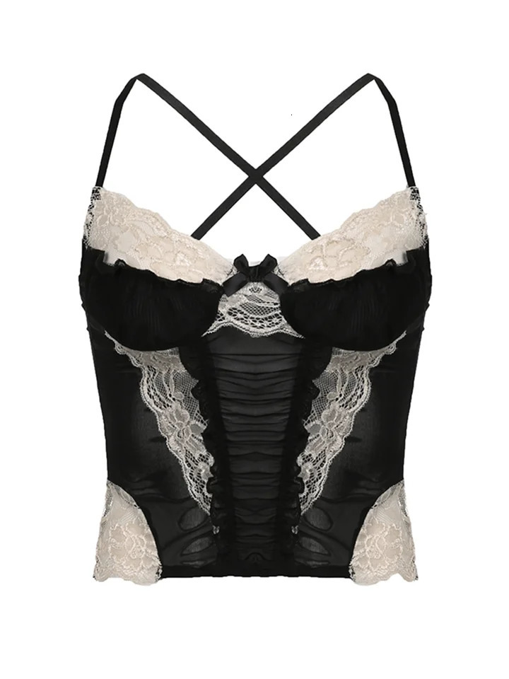Rockmore Lace Stitching Camis y2k Aesthetic Goth Black Corset Crop Top Clubwear Mesh Transparent Sexy Tank Tops Vintage Grunge 250523
