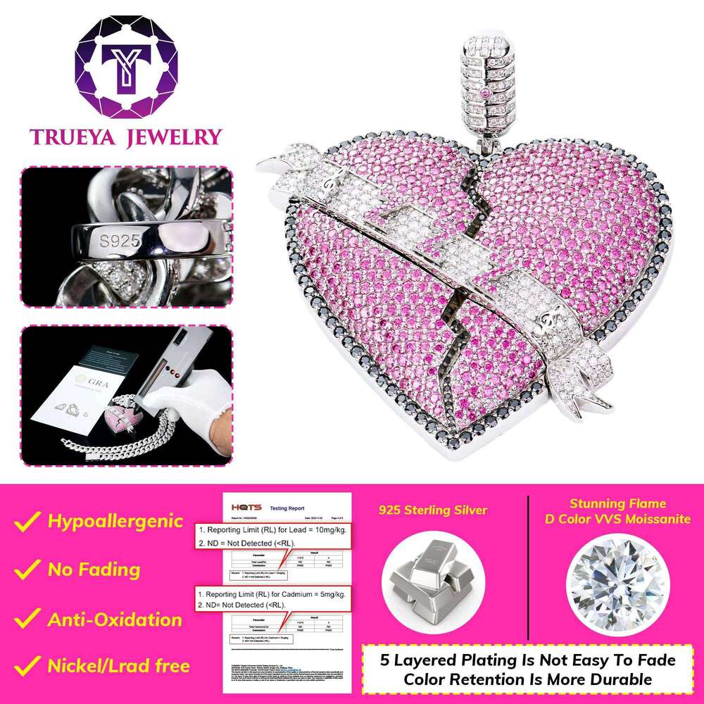 Custom Unisex Hiphop Gold Plated Sterling Sier Jewelry Pink Broken Heart Vvs Dia Mossanite Moissanite Pendant