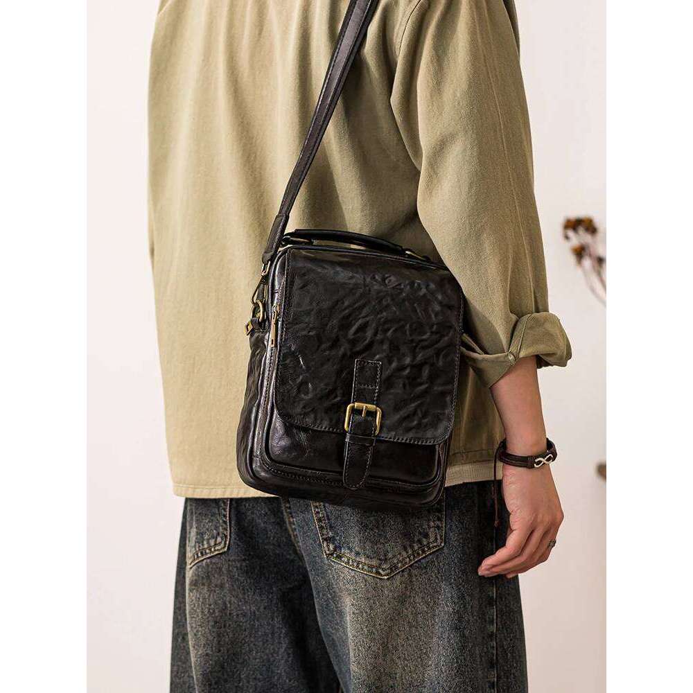 Outdoor Daily Work Natural High-Quality First Layer Cowhide Men Mobile Phone Vintage Genuine Leather Shoulder Crossbody Bag