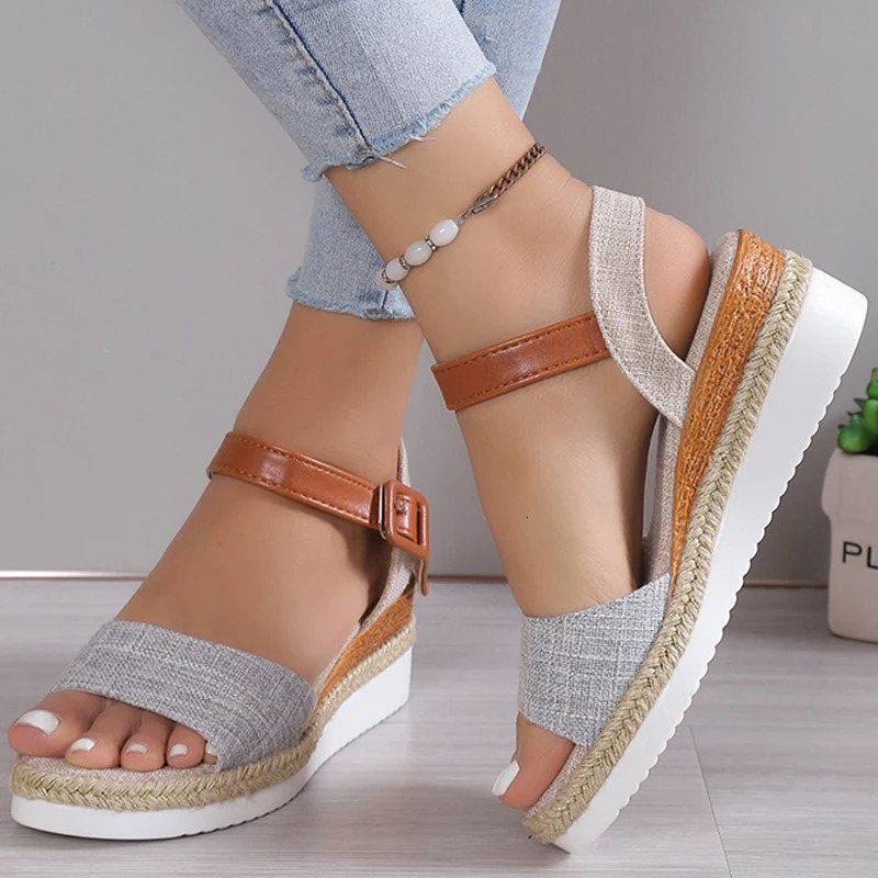 Womens Sandals Peep Toe Wedges Heels Sandals 2025 Summer Shoes Woman Low Platform Sandalias Mujer Non-slip Hemp Heeled Shoes 250603