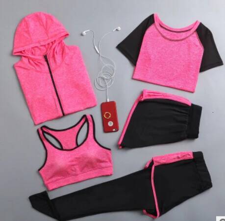 Quick dry yoga clothing hooded coats+t shirt+bra+shorts+pants sets women autumn outdoor running sportswear gym Suits