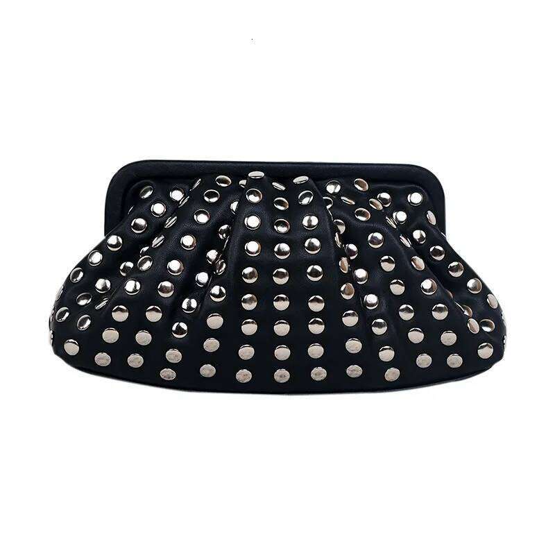 Fashion Rivet Clutch For Women Ruched Hobo Lady Handbags Pu Leather Evening Party Purses Punk Shell Female Bag 2024