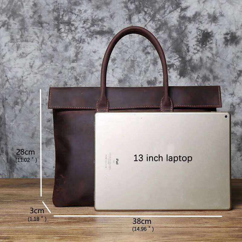 NZPJ Retro Men's Briefcase Leather Casual Handbagtop Layer Cowhide Business Tablet Bag Thin Clutch For 16-Inch Laptop