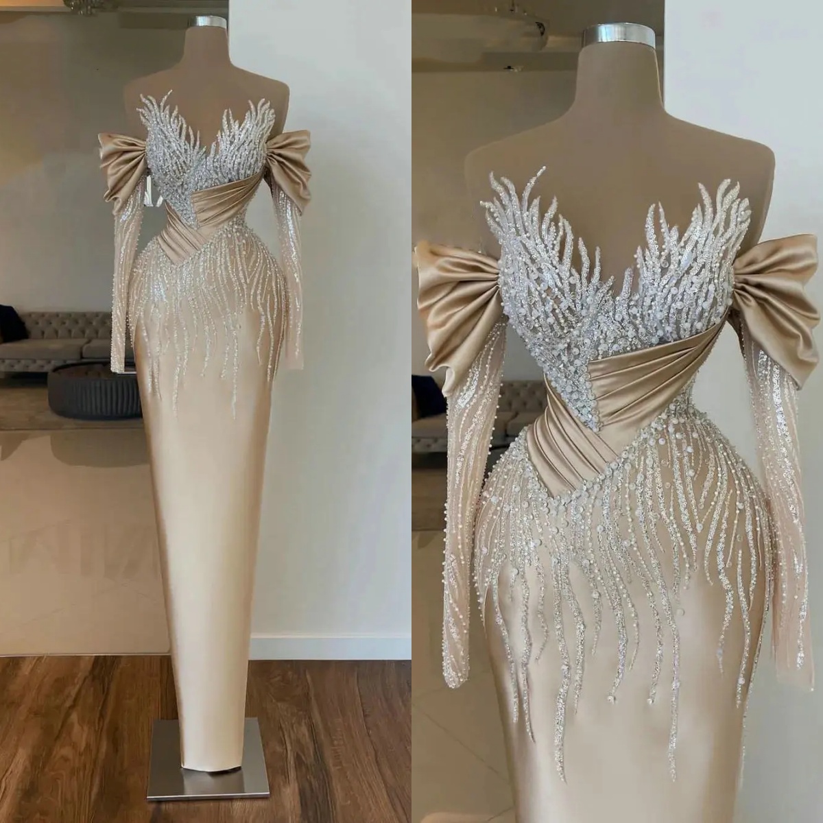Vintage Evening Dresses For Women Off Shoulder Long Sleeves Gown Sequins Beaded Sweep Train Dress Party Customized Dress