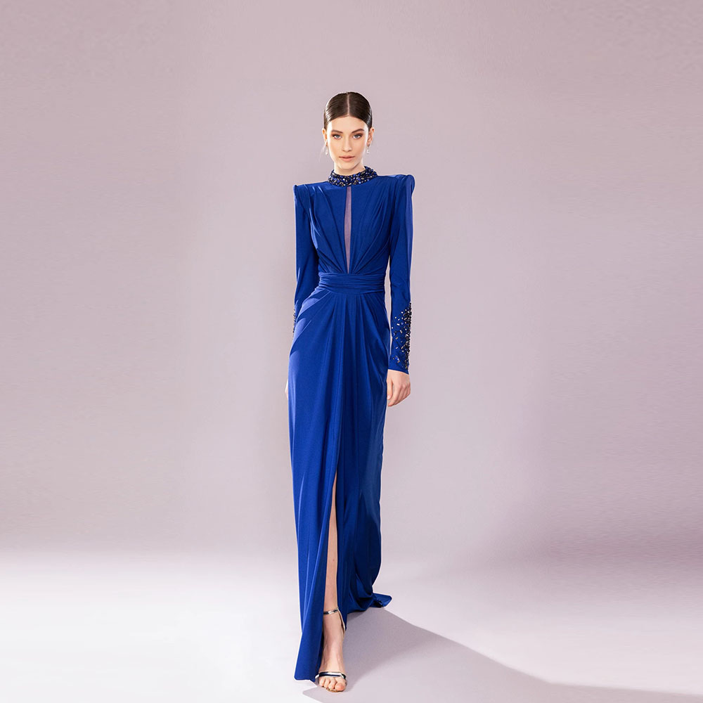 Luxury Beading Crystal Evening Dresses Ruched Split Column Long Sleeves Sexy Party Dresses Sweep Strain Prom Dresses