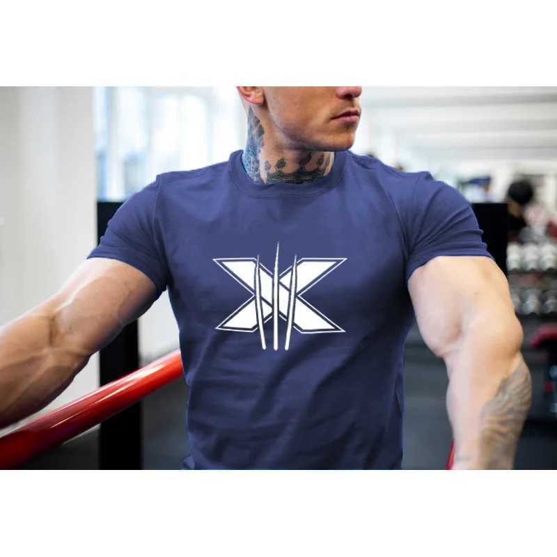 Mens Gym Fitness Clothing Man Cotton Sports Short Sleeve T-shirt Running Training Slim Printed Shirt Sweatshirt Casual Tops Z250527