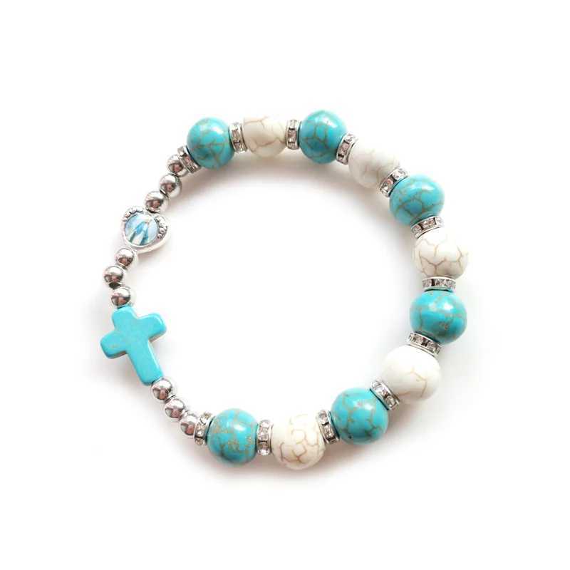 Cross Elastic Rosary Bracelet Blue Stone Beads Strand Jewelry For Men Women W250526
