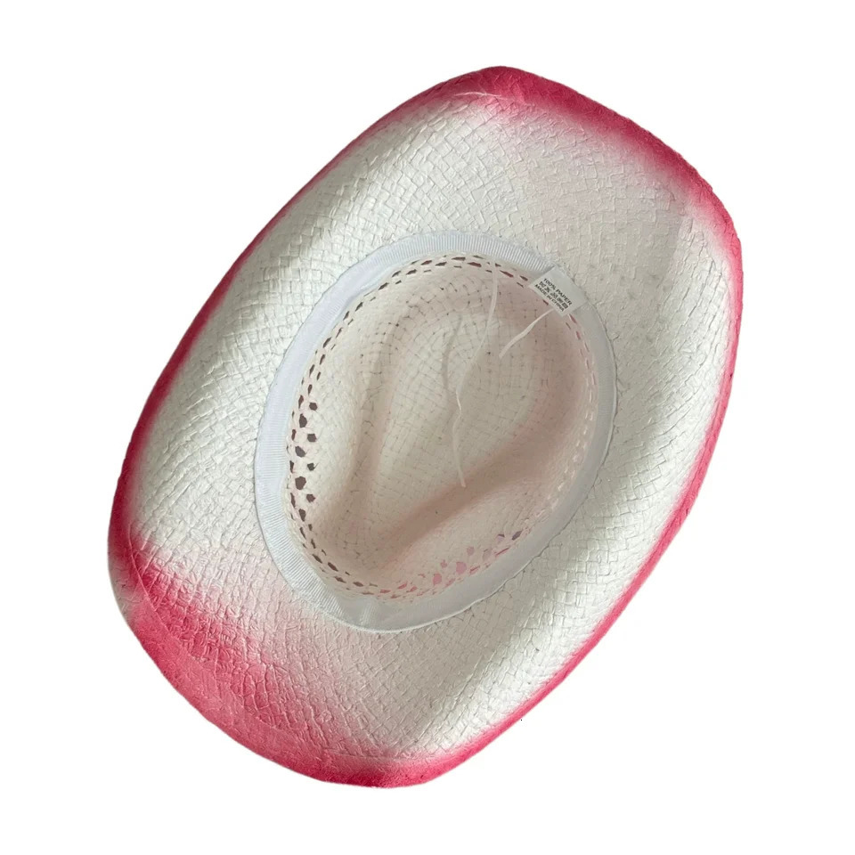 Summer Bohemia Vintage Western Cowboy Hat For Women Men Pink Gradual Change Beach Straw Hat Outdoor Wide Brim Hollow Out Sun Cap 250526