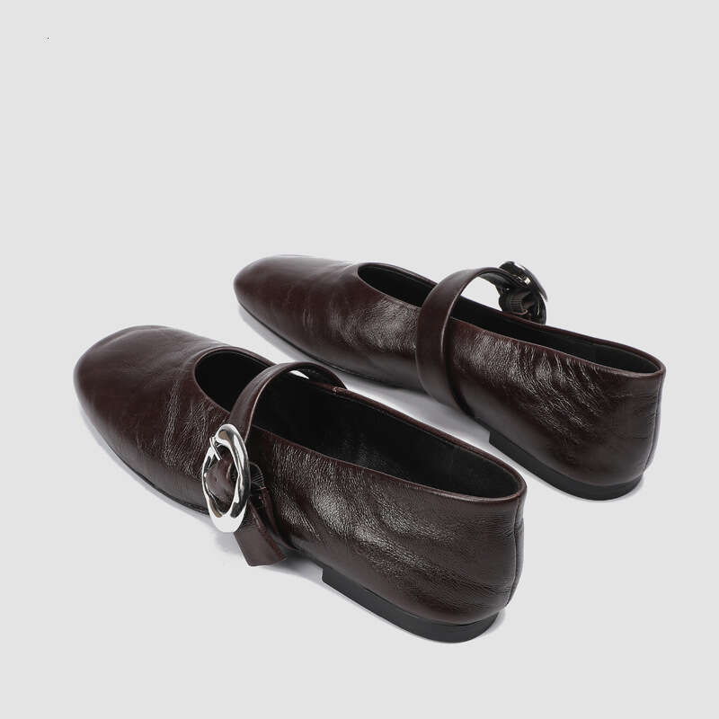 Mary Jane Strap Single Women 2025 New French Style Shallow Mouth Flat Ballet Fashion Round Toe Leather Shoes