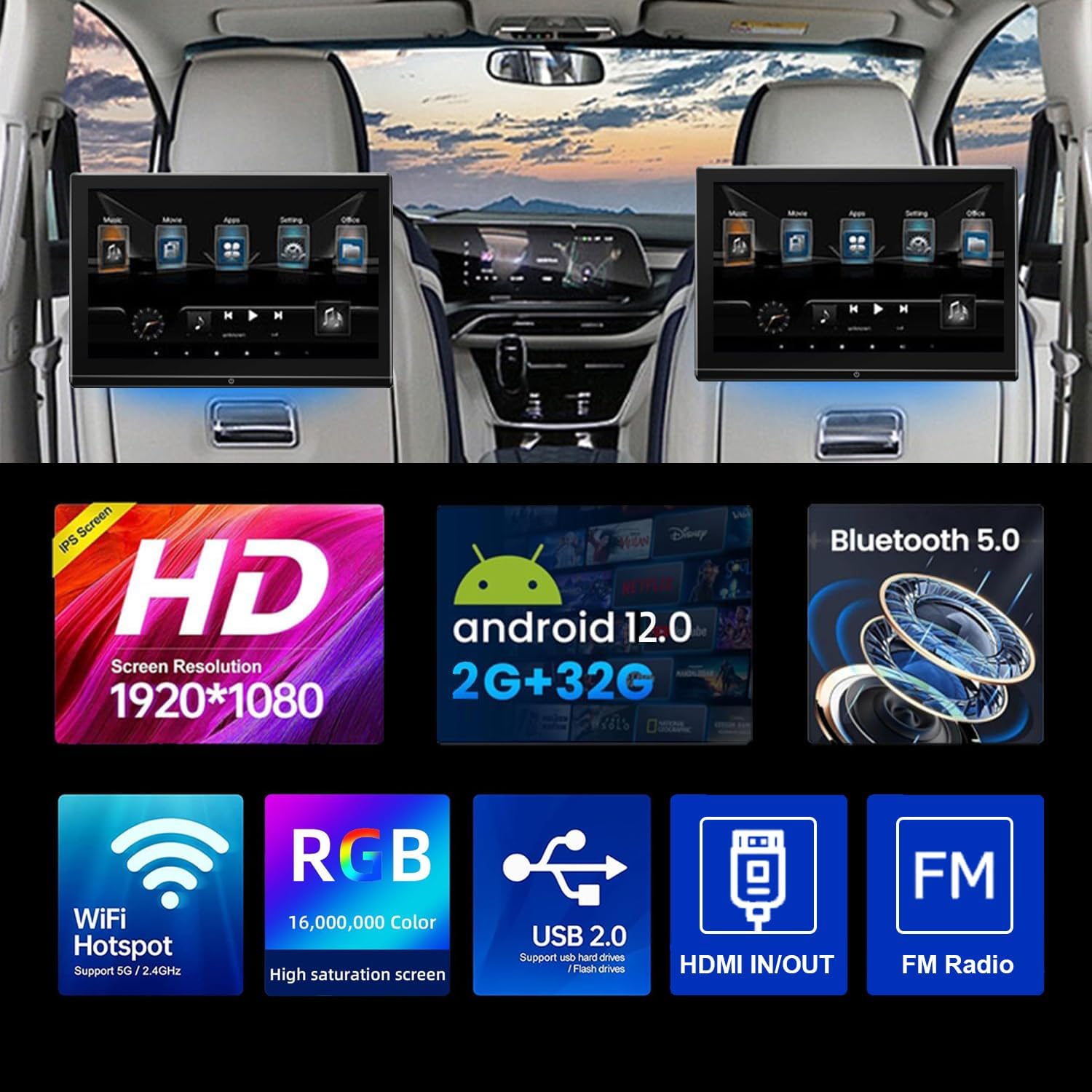 11.6 Inch 4K Headrest Player Mirror Link, HDMI, Sd Card, Headphone Jack, Portable Car Video WiFi Touch Screen with Bluetooth, FM and 2G+32G