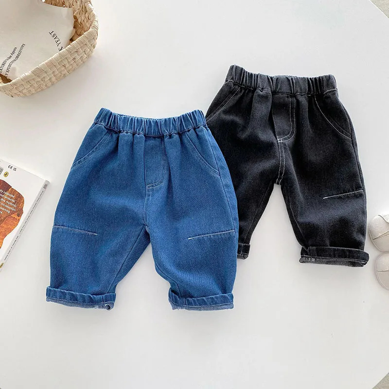Kids Jeans 9M5T Children Girls Solid Color Denim Blue Pants Baby Boys Cute Casual Trousers 250527