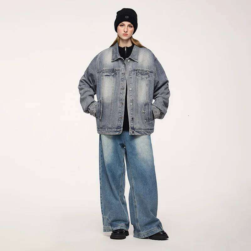 IATION Men's Vintage Washed Denim Jacket Unisex American Loose Fit Casual Outerwear With Stud Design Coat