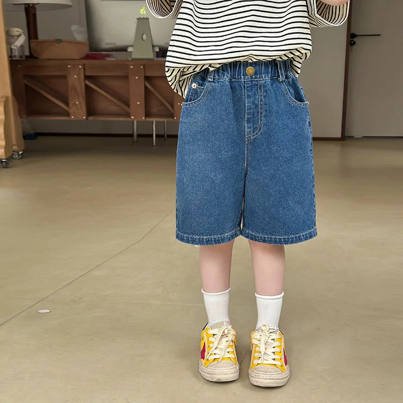 Summer Boys and Girls Casual Korean Embroidered Back Letter Fashion Denim Shorts Children Clothing 250527