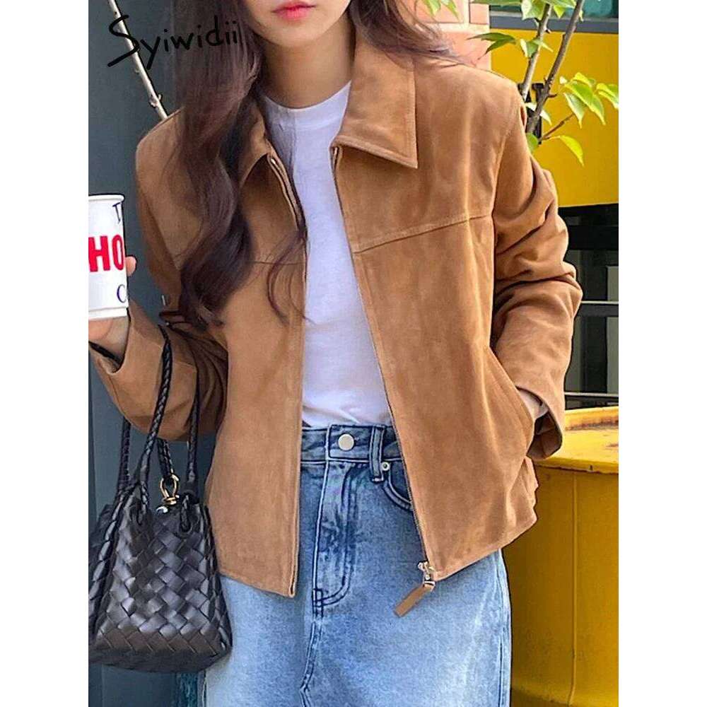 Syiwidii Jackets For Women Turn-Down Collar Casual Spliced Coat Autumn 2024 New Fashion Long Sleece Zipper Female Loose Jacket