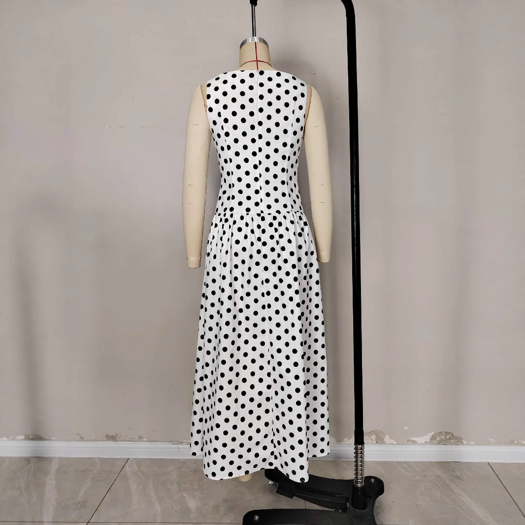 European style retro sleeveless polka dot long dress, elegant women's dress, spring and summer new styles