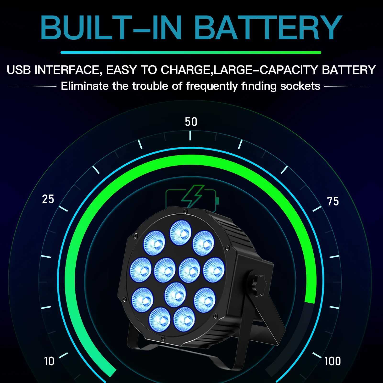 Fieryzeal 4PCS Battery LED Par Light RGBW Stage Flat Strobe Light Par Light DMX512 Effect Stage Light for DJ Disco Party Wedding XJ250527