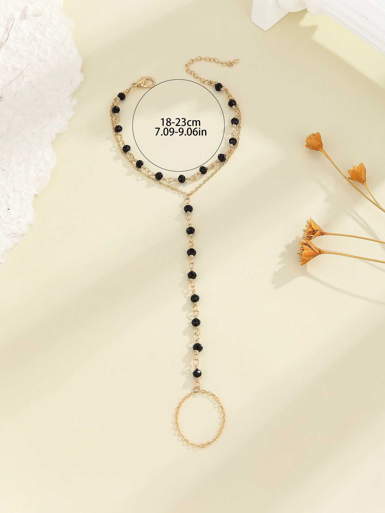 Black Beads Link Chain Bracelets Connected Finger Ring Bangle For Women Girls Bohemia Double Layer Chain Bracelet Party Jewelry W250526