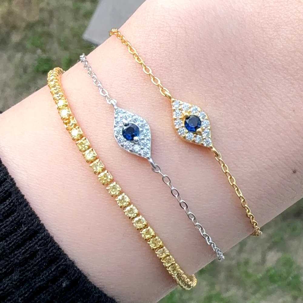 100% 925 Sterling Silver Micro Pave Cubic Zirconia Sparking Blue White CZ Evil Eye Charm Chain Bracelet Lucky Turkish Jewelry W250526