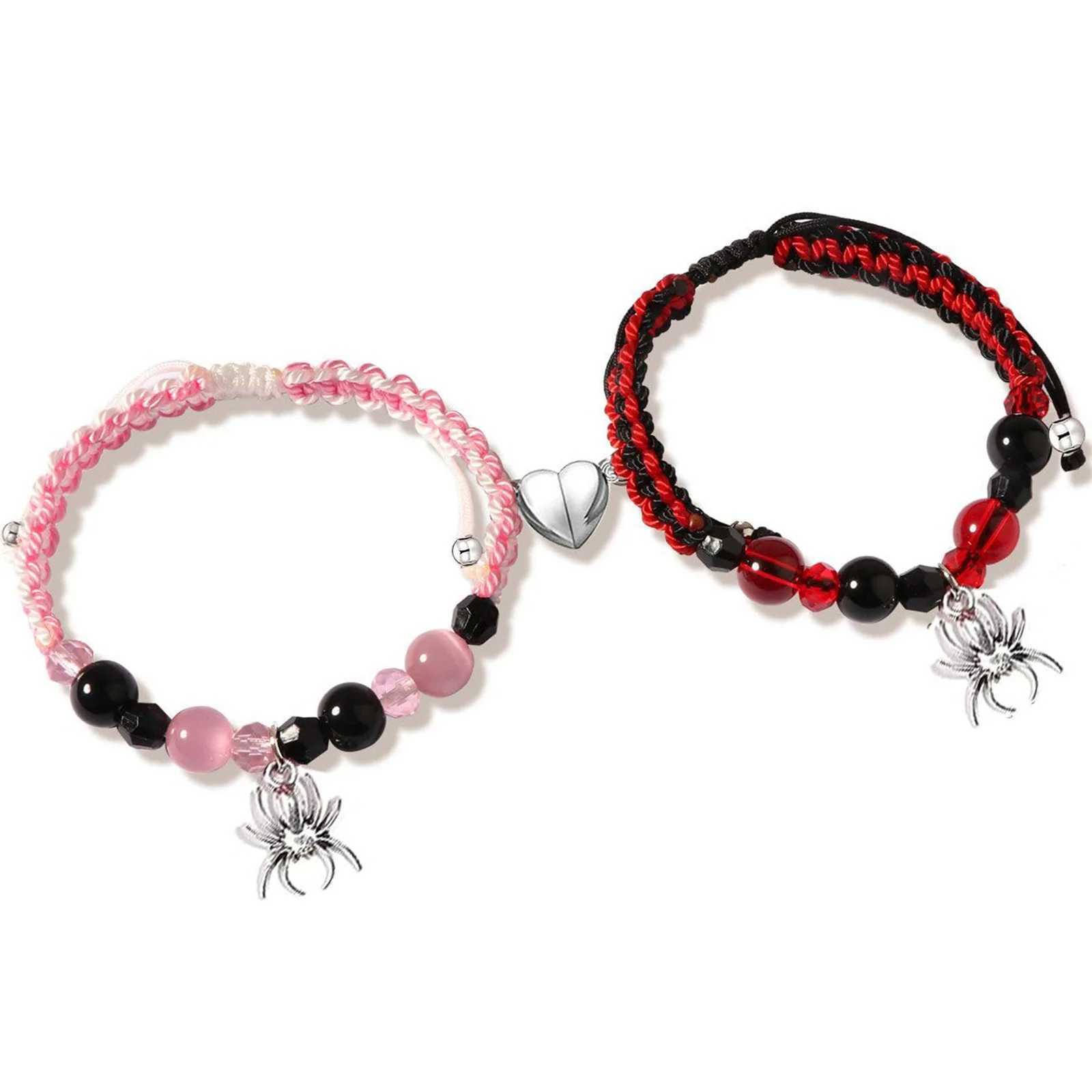 2PCS/set Gothic Spider Bat Cat Friendship Bracelets Best Friend Bff Magnet Heart Goth Matching Rope Chain Bracelets Y2K Jewelry W250526