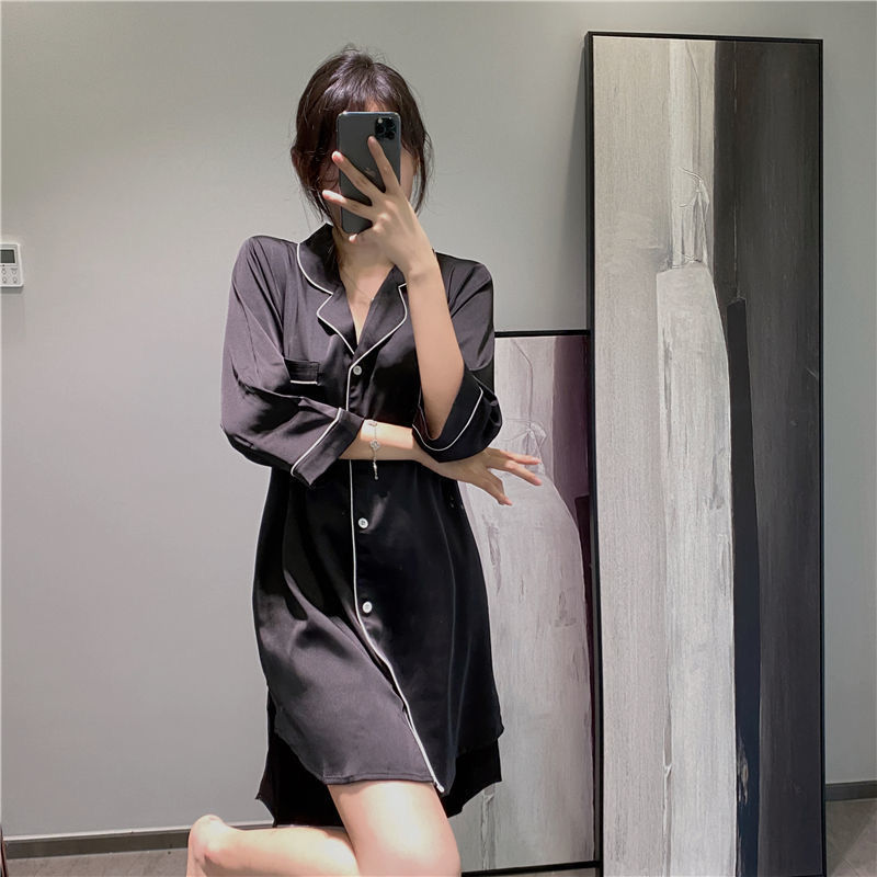 X181-Ice silk pajamas women summer new fashion white shirt medium long silk shirt nightdress